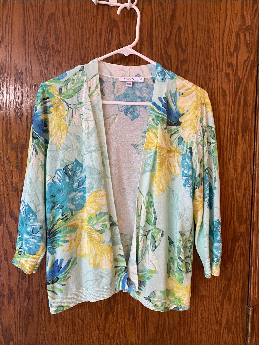 Chico's Mint Floral Open-Front Cardigan with Blue and Yellow Accents